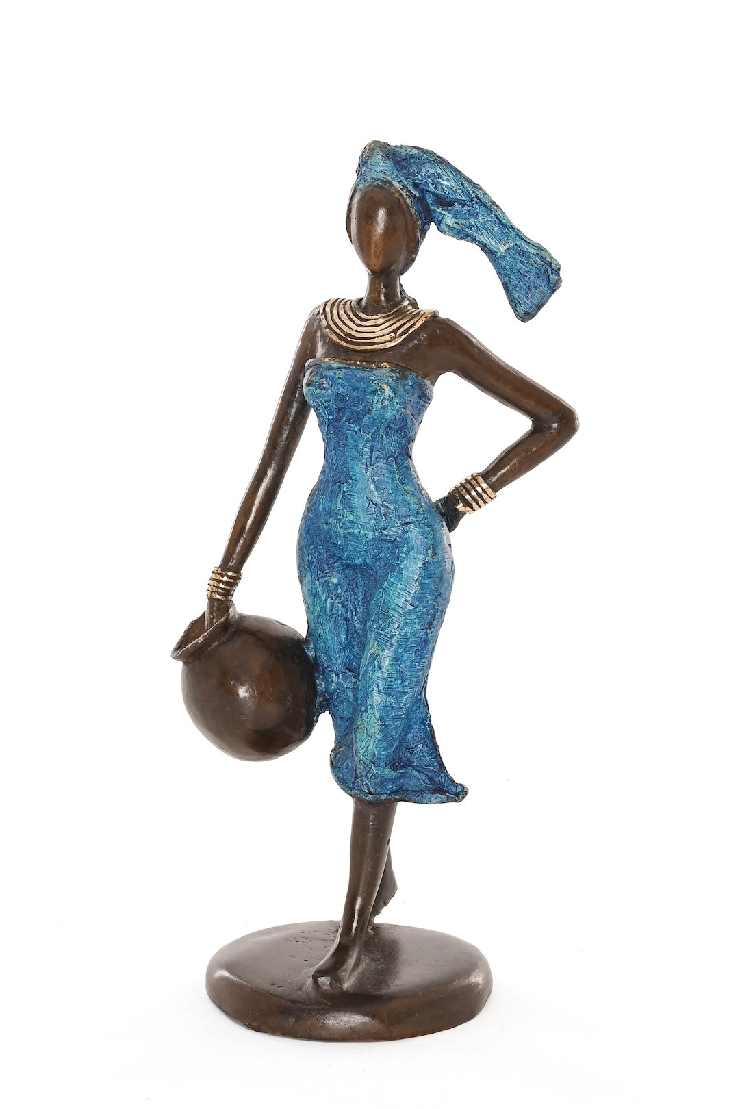 Lady in Blue Bearing Water Burkina Bronze Sculpture