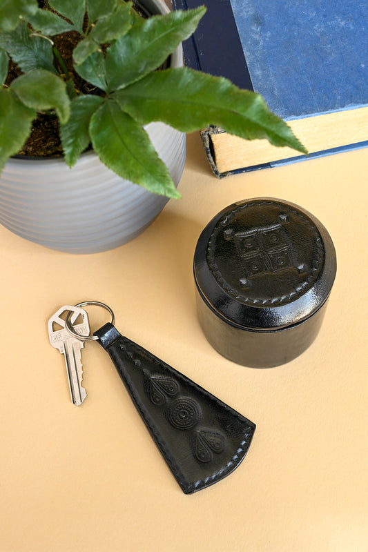 Black Stamped Leather Key Ring