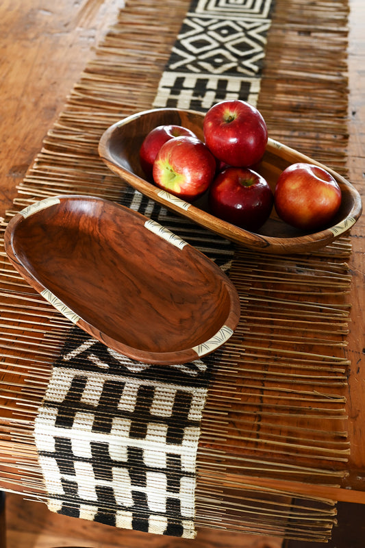 Wild Olive Wood Oval Bowl with Striped Bone Inlay