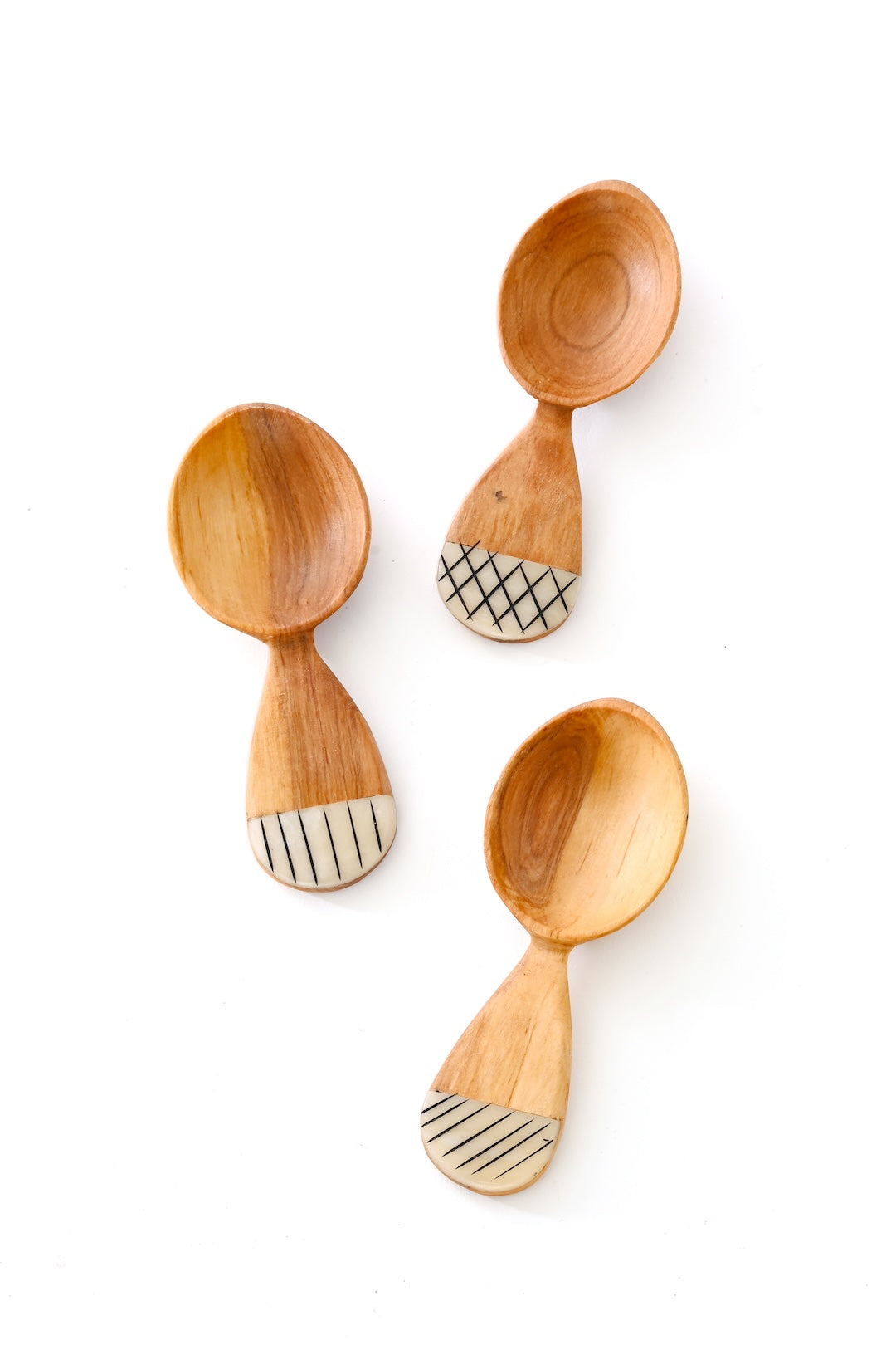 Olive Wood Fig Sugar Spoon with Etched Bone Handle