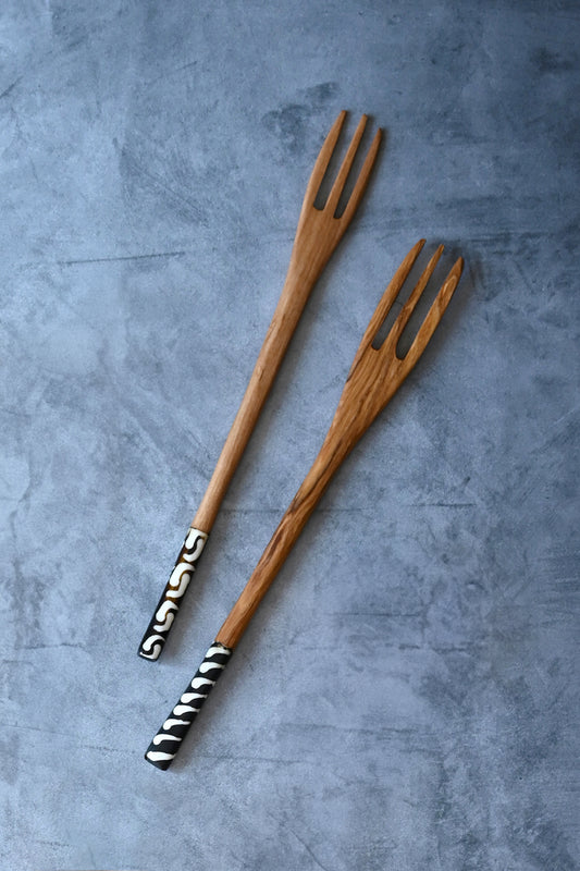 Kenyan Olive Wood Fork Salad Servers with Mixed Bone Handles