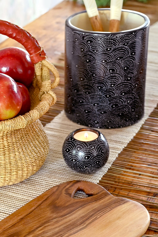 Black Deco Dot Soapstone Tea Light Candle Holder
