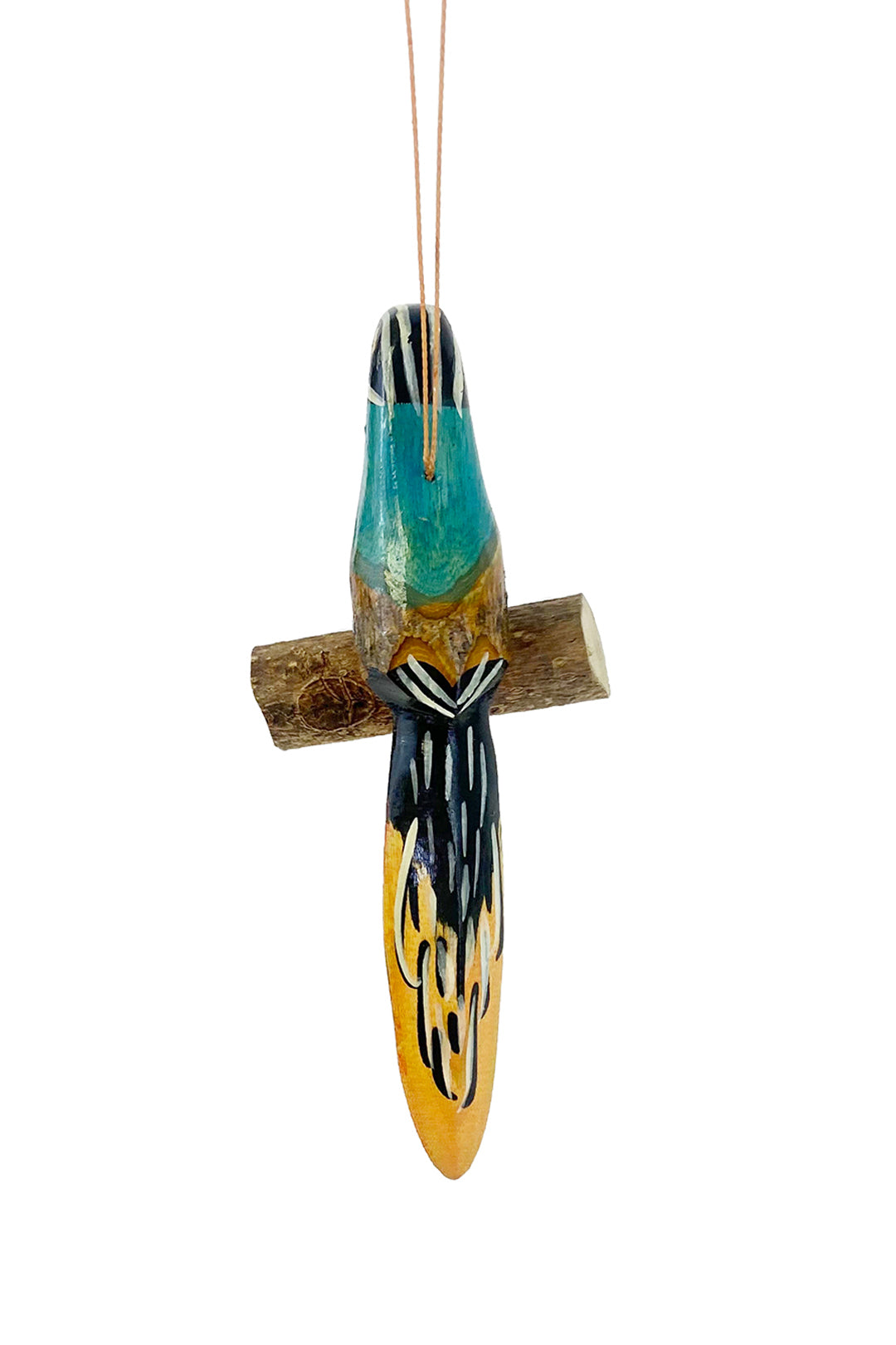 Set of Four Wooden Bird on Perch Ornaments