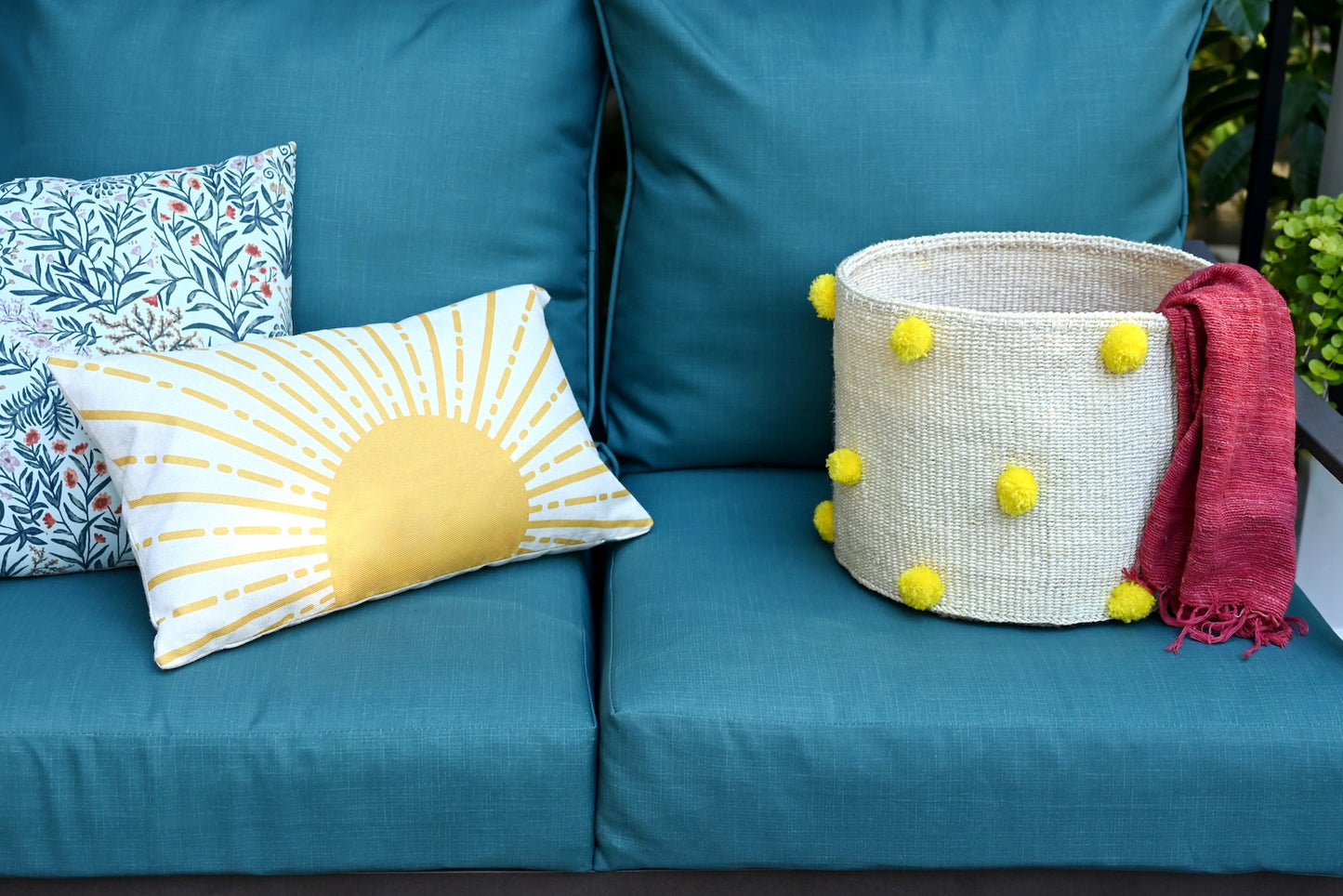 Natural Sisal Bin with Yellow Pom Poms