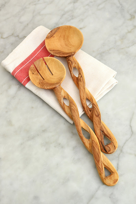 Spiral Handle Olive Wood Salad Servers