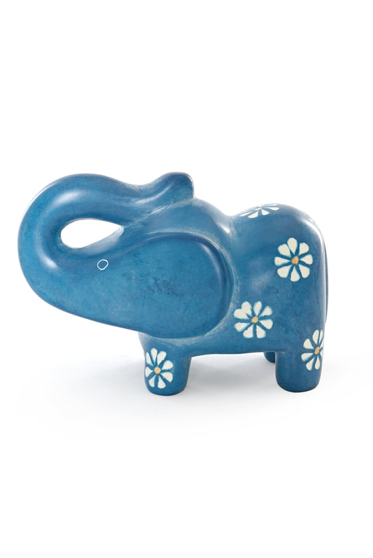 Blue Daisy Soapstone Elephant Sculpture