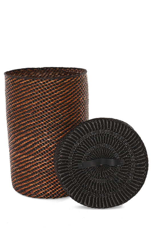 Small Black & Brown Milulu Reed Lidded Hamper - One of a Kind