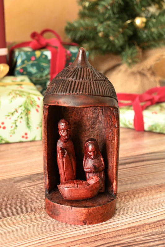 Rwandan Thatched Hut Wooden Nativity Scene