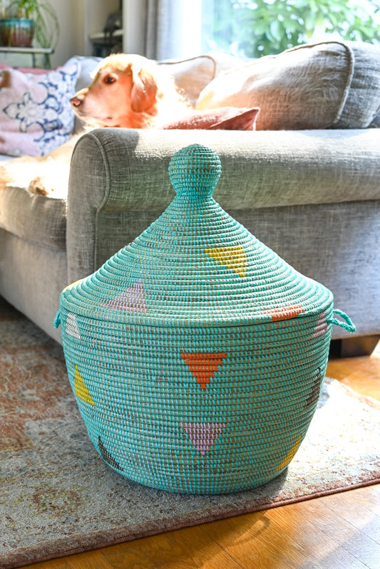 Aqua Teranga Triangles Short Lidded Basket