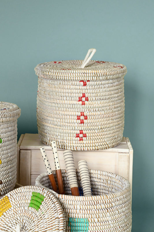 Red Blossom Lidded Storage Basket