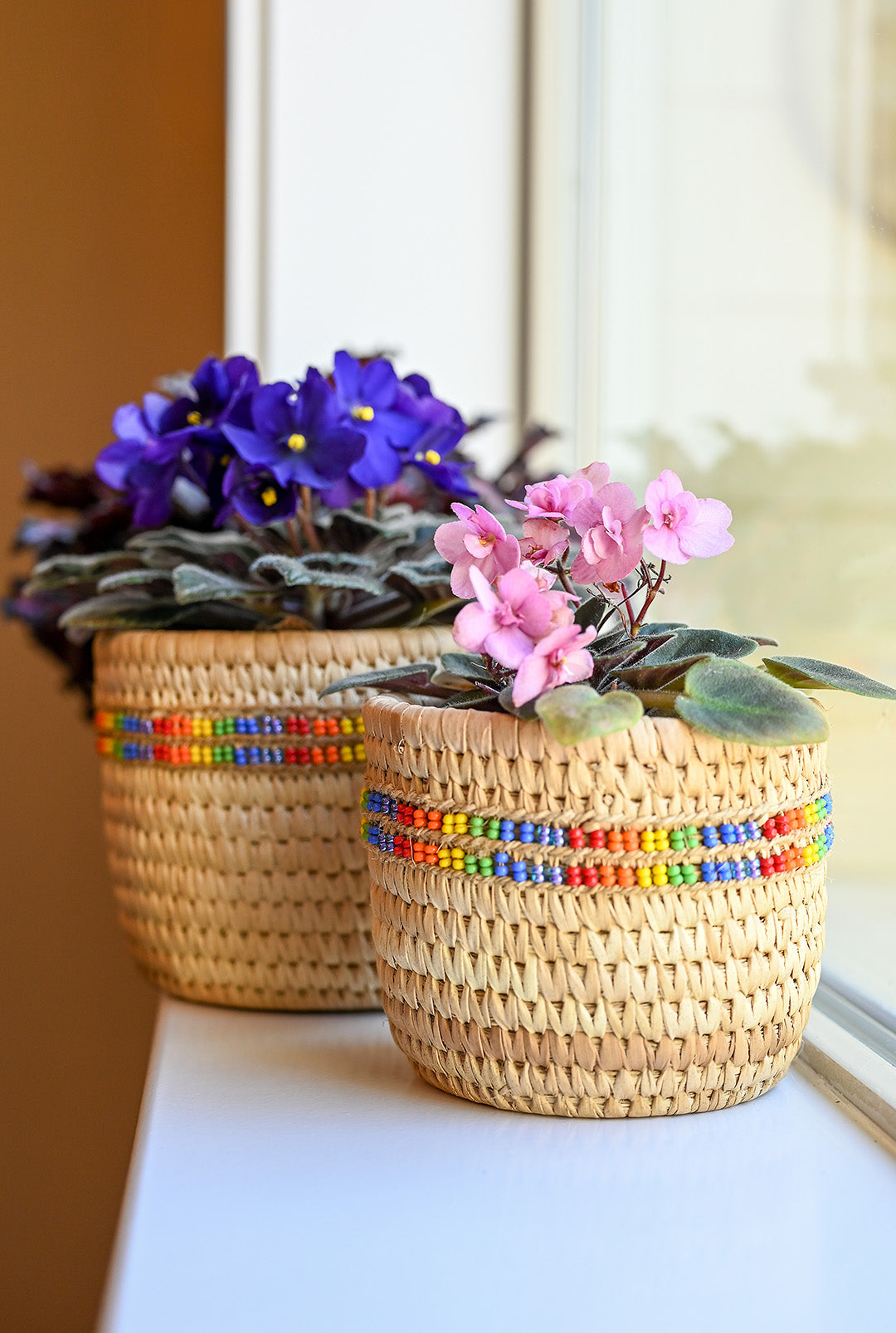 Nomadic Camel Milking Baskets with Rainbow Beaded Stripes