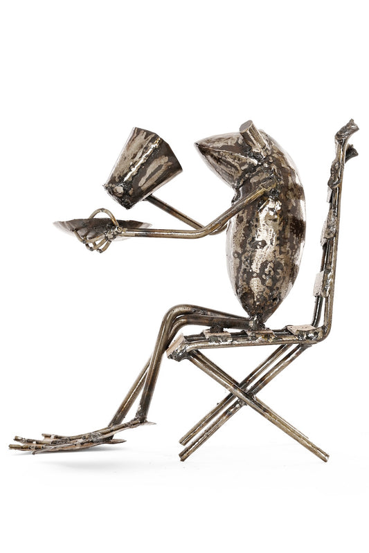 Coffee Sipping Metal Frog Sculpture