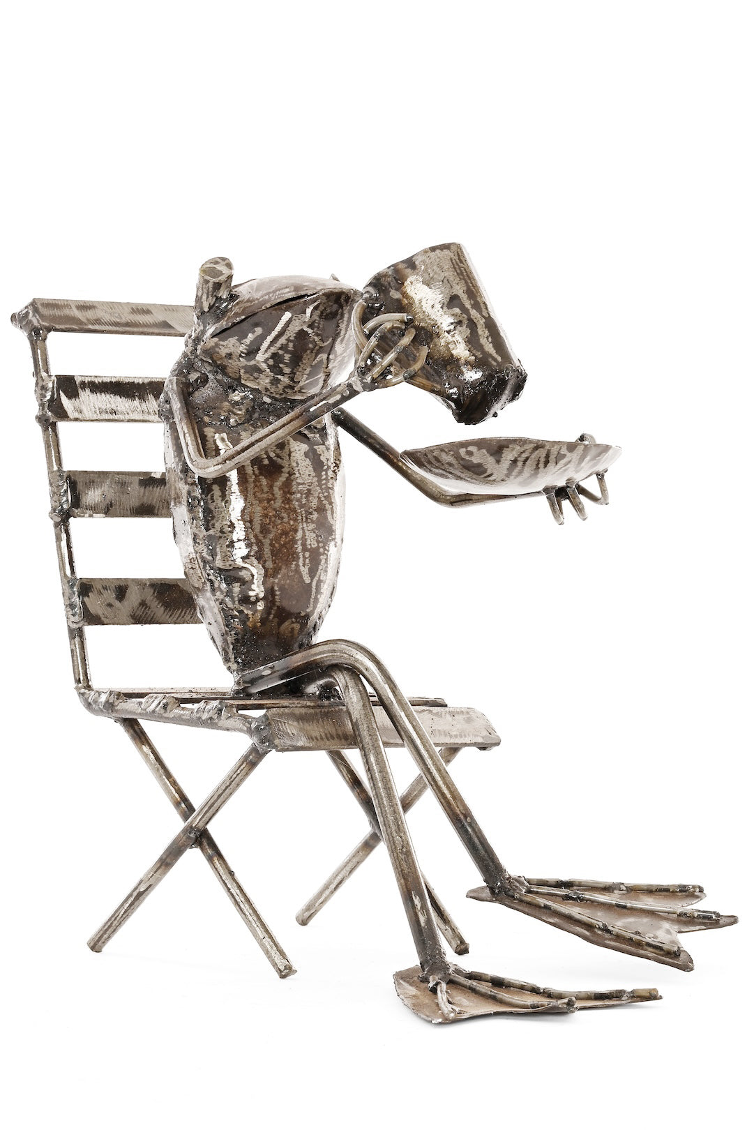 Coffee Sipping Metal Frog Sculpture