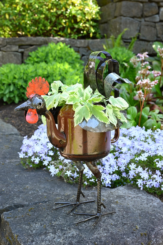 Recycled Teapot Rooster Planter