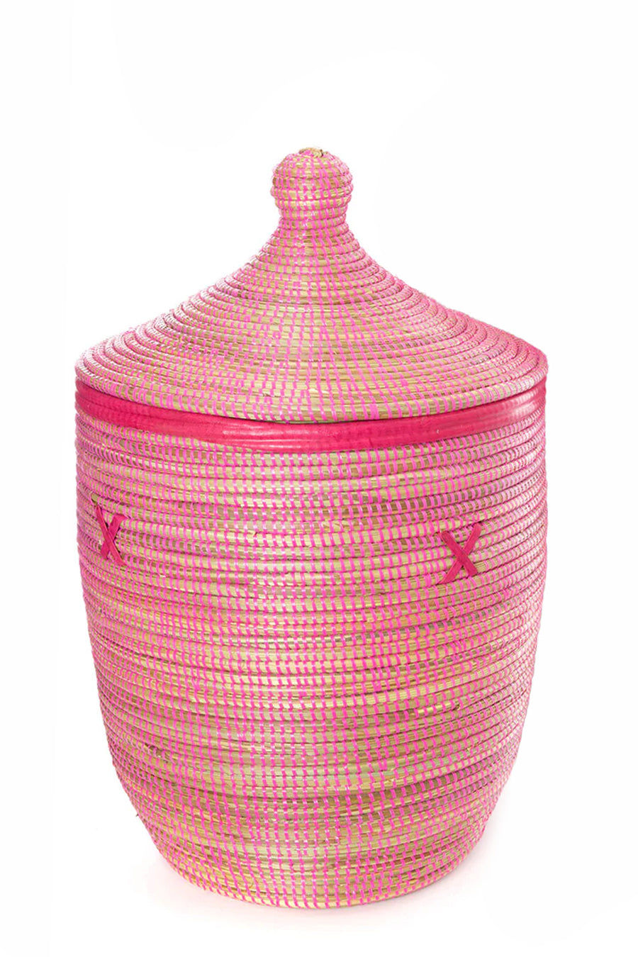 Medium Pink Hamper Basket with Leather Trim