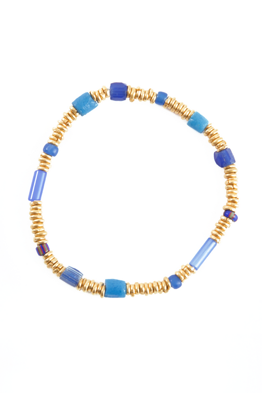 24k Gold Heishi Bracelet with Blue Vintage Glass Beads