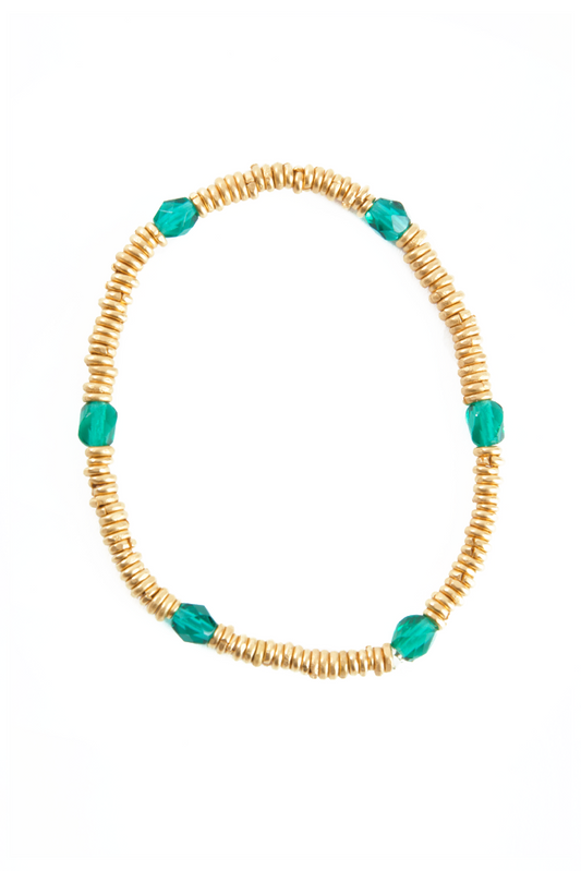 24k Gold Heishi Bracelet with Vintage Green Glass Beads