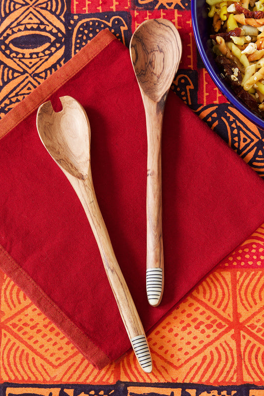 Notched Olive Wood Salad Servers with Various Etched Bone Tips Default Title
