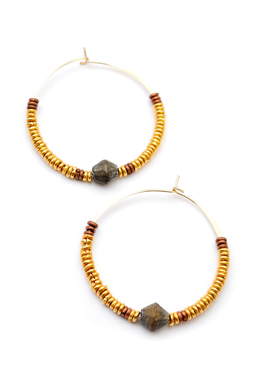 Hammered Hoop Earrings with Gold and Copper Heishi Beads