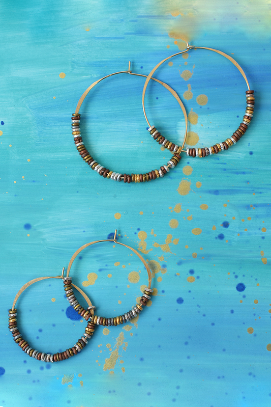 Hammered Hoop Earrings with Mixed Metal Heishi Beads - Small
