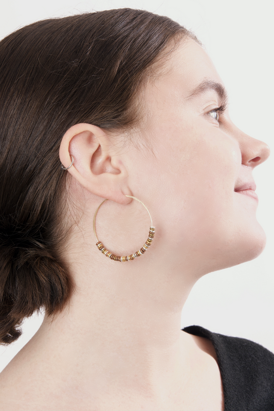 Hammered Hoop Earrings with Mixed Metal Heishi Beads - Large