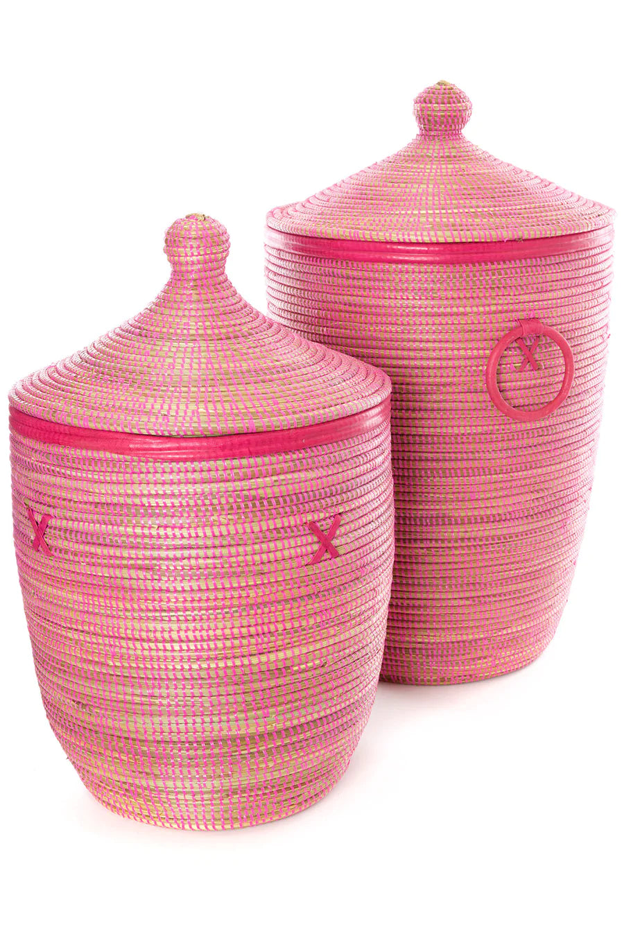Medium Pink Hamper Basket with Leather Trim