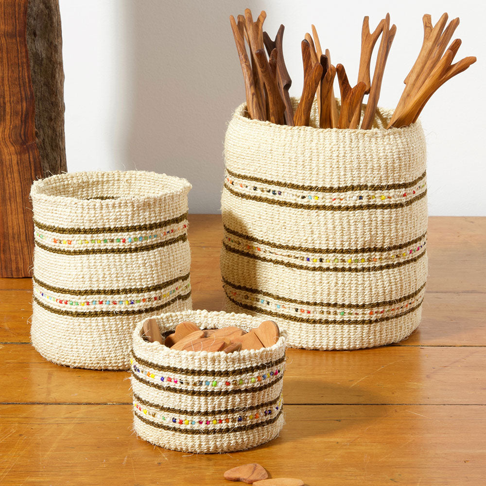 Trio of natural fiber storage baskets