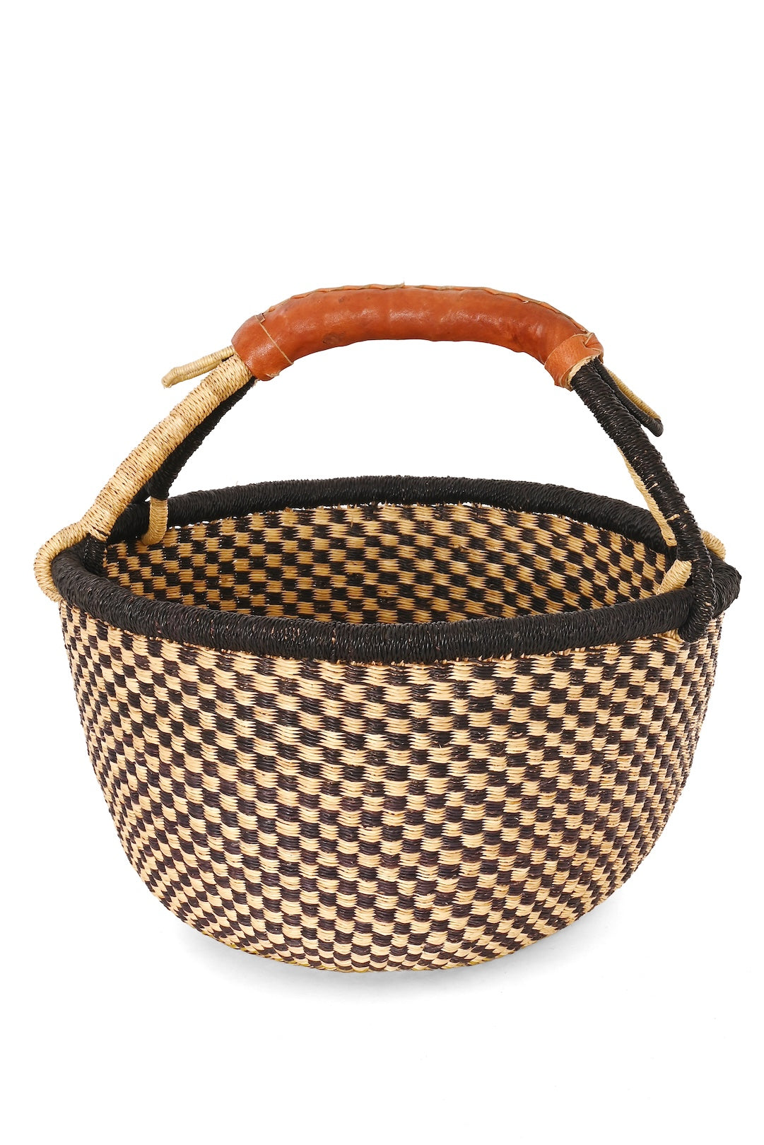 Inky Checkered Handwoven Bolga Basket - One of a Kind
