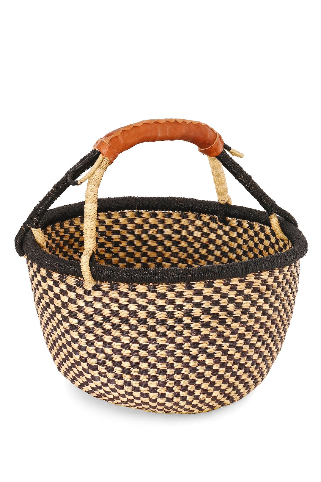 Inky Checkered Handwoven Bolga Basket - One of a Kind