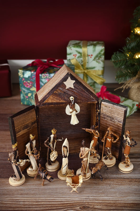 Banana Fiber Nativity with Double-Door Stable