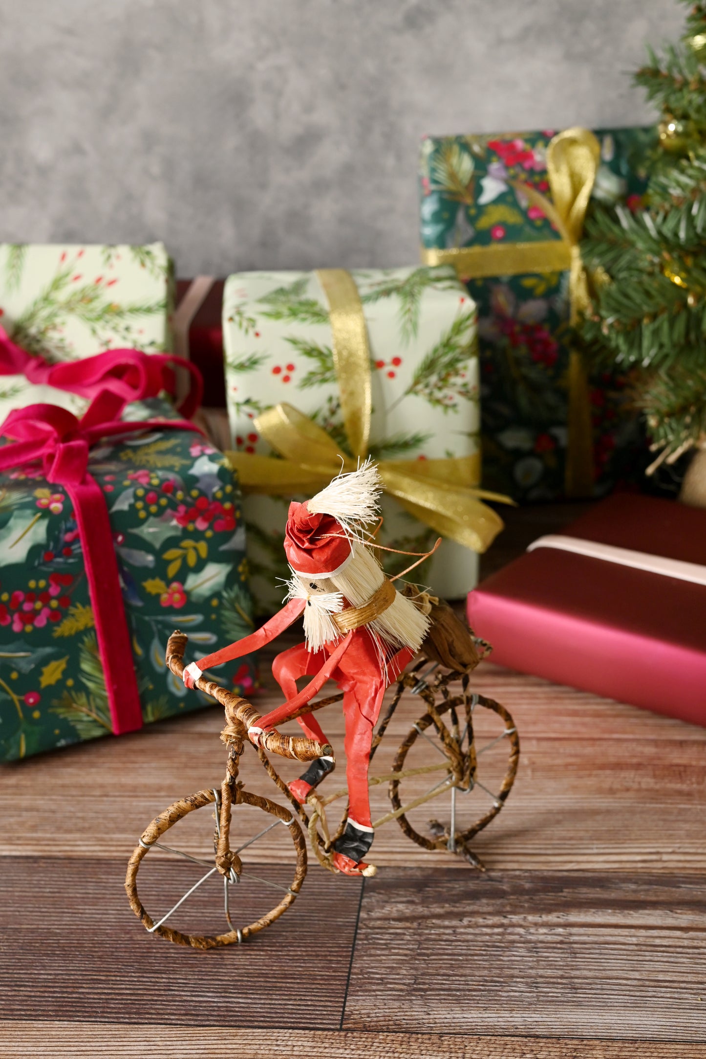 Santa on a Bicycle Large Banana Fiber Ornament