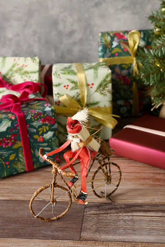 Santa on a Bicycle Large Banana Fiber Ornament