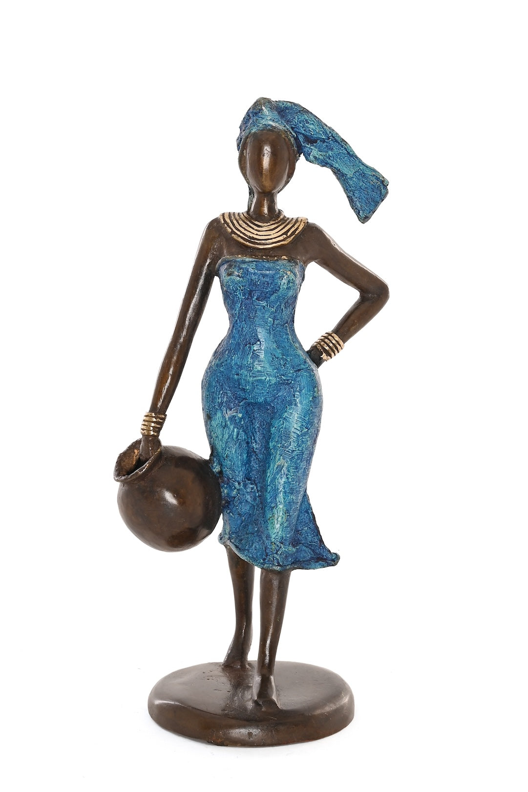 Lady in Blue Bearing Water Burkina Bronze Sculpture