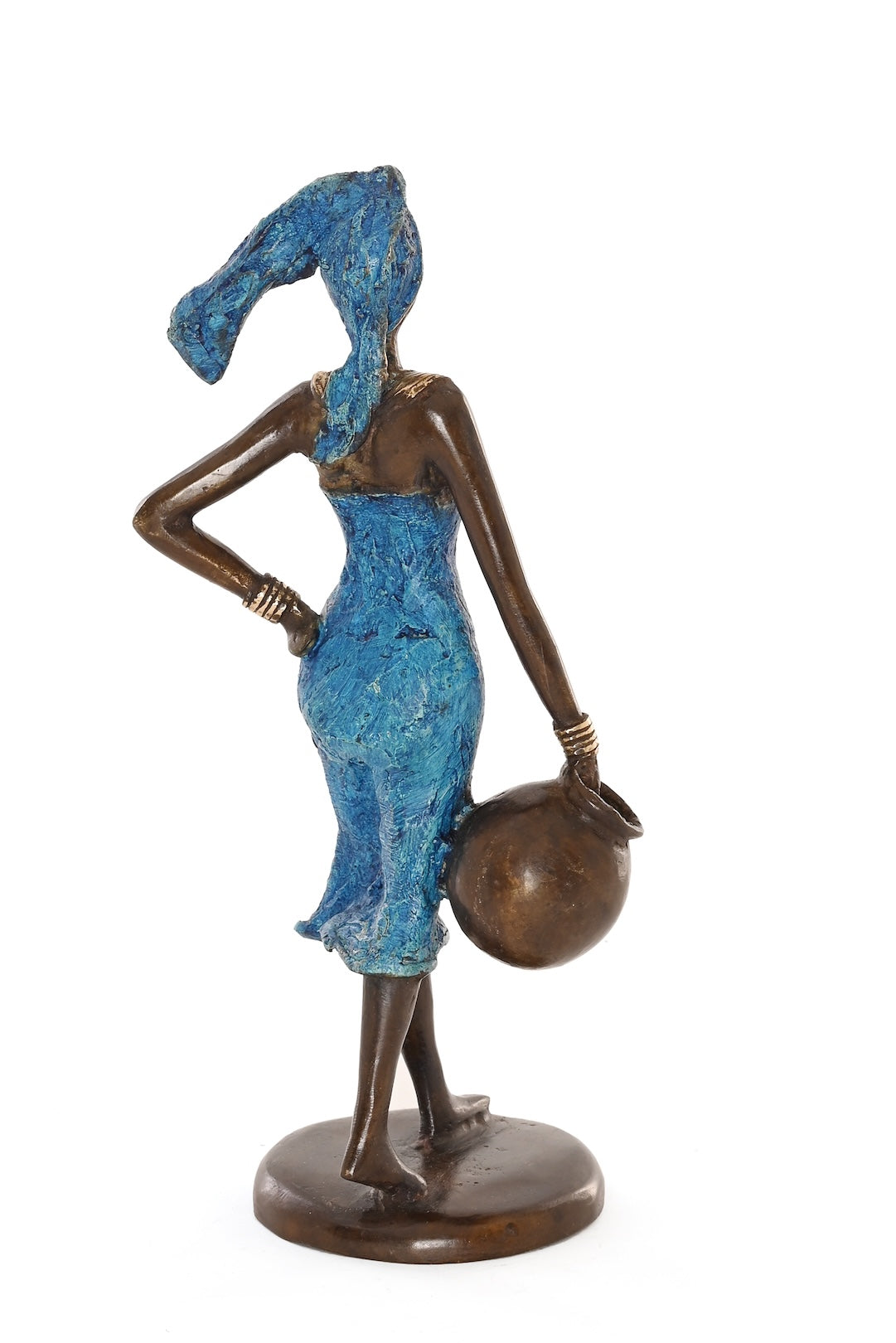 Lady in Blue Bearing Water Burkina Bronze Sculpture