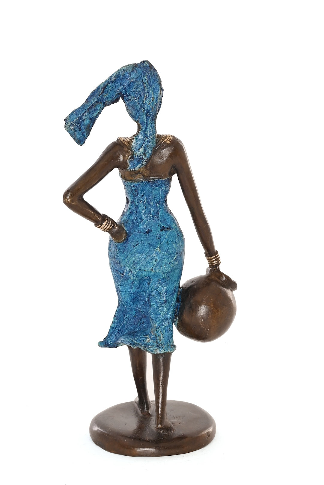 Lady in Blue Bearing Water Burkina Bronze Sculpture