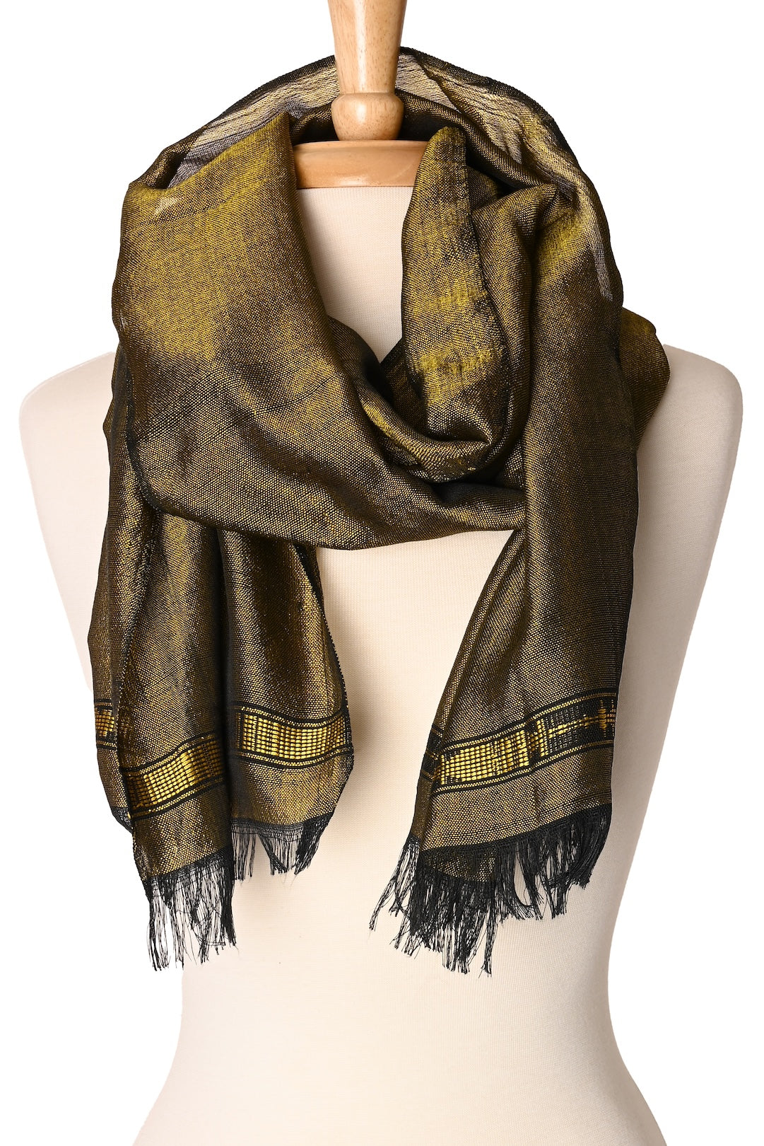 Shimmering Olive Light Cotton Shawl from Ethiopia - One of a Kind