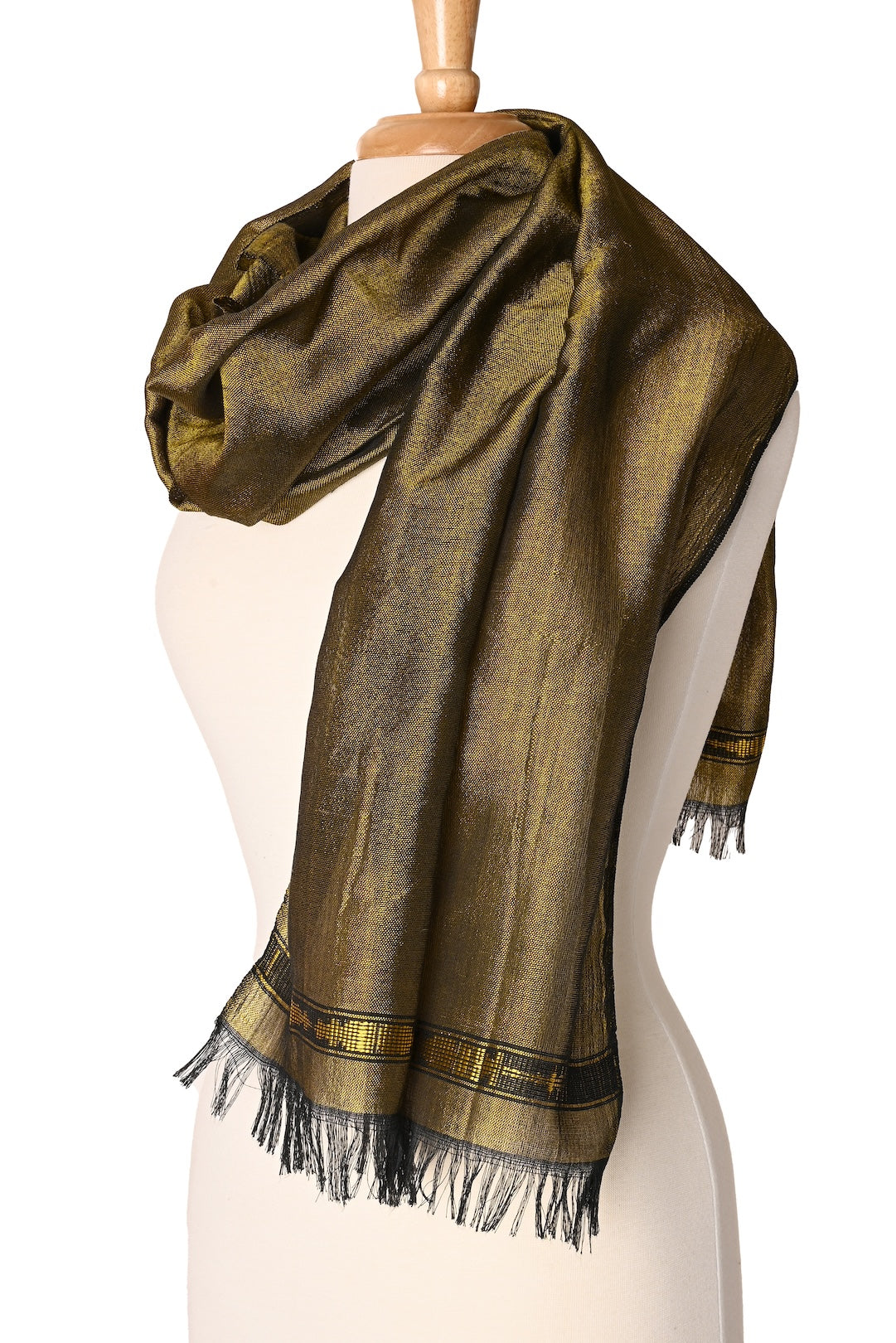 Shimmering Olive Light Cotton Shawl from Ethiopia - One of a Kind