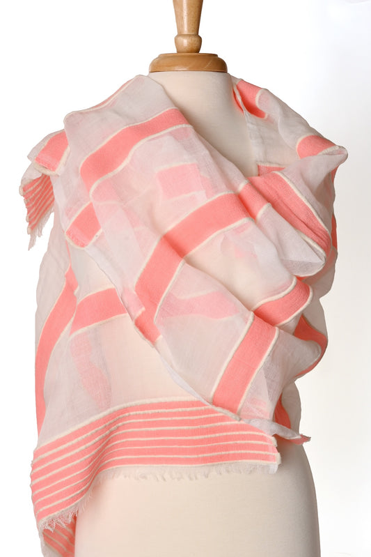 Coral Rows Light Cotton Shawl from Ethiopia - One of a Kind