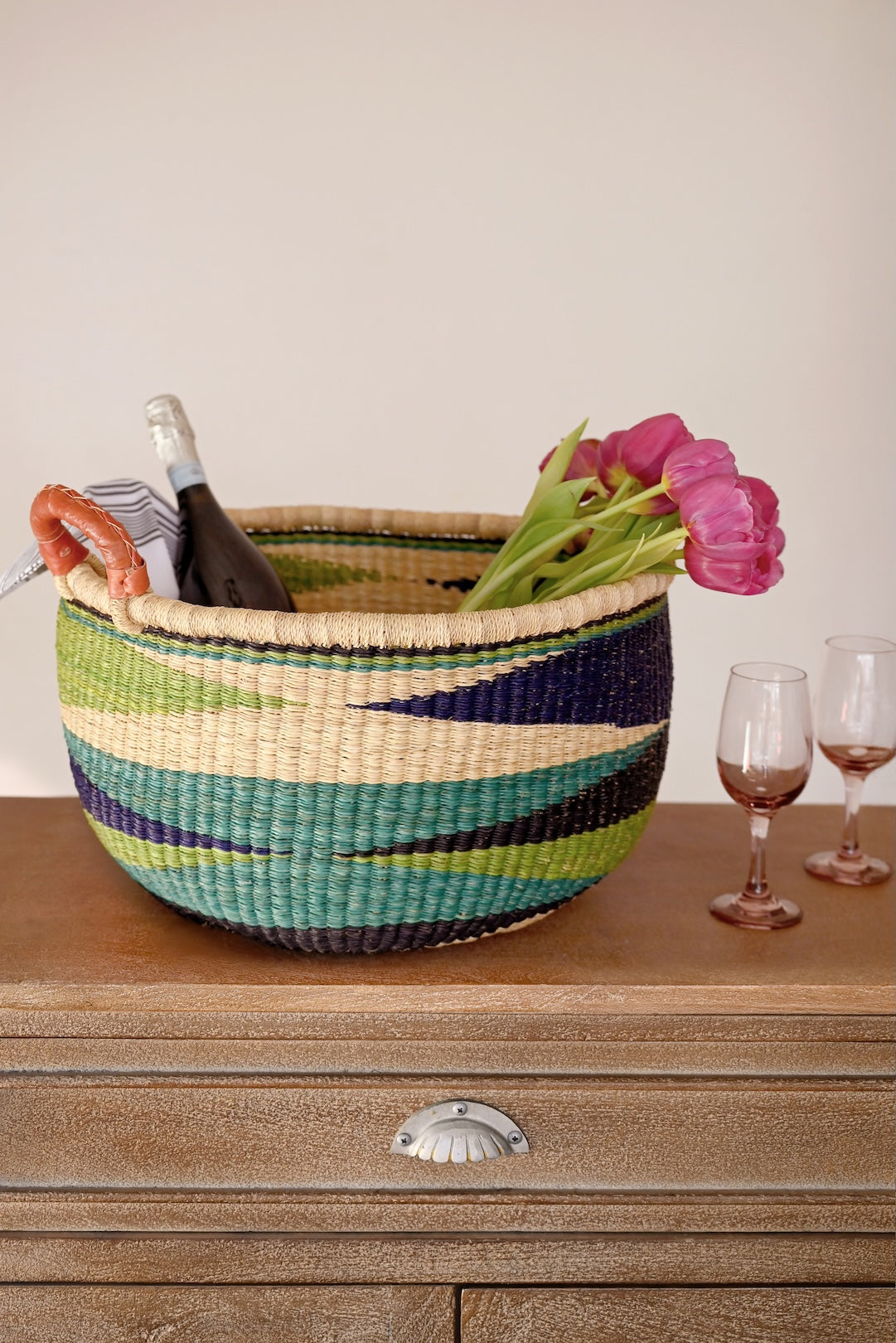 Shades of Blue Triangle Design Double Handle Bolga Basket