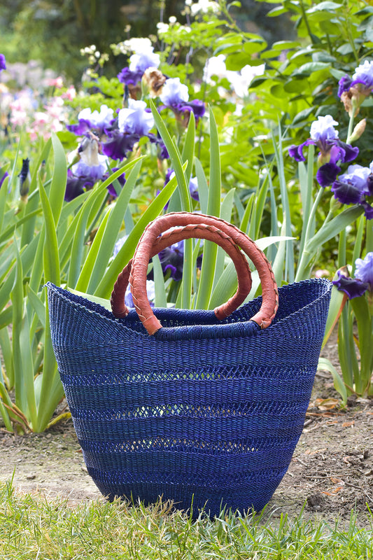 Navy Blue Lacework Wing Shopper with Leather Handles