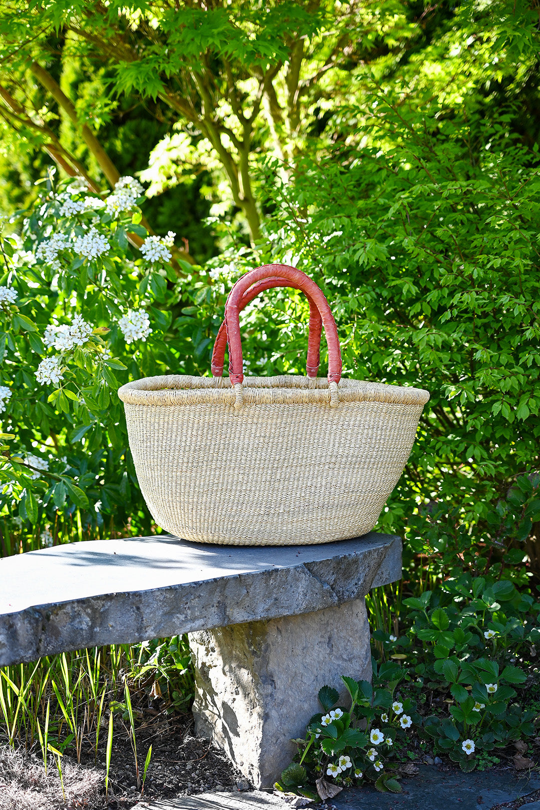 Natural Large Oval Picnic Basket with Leather Handle