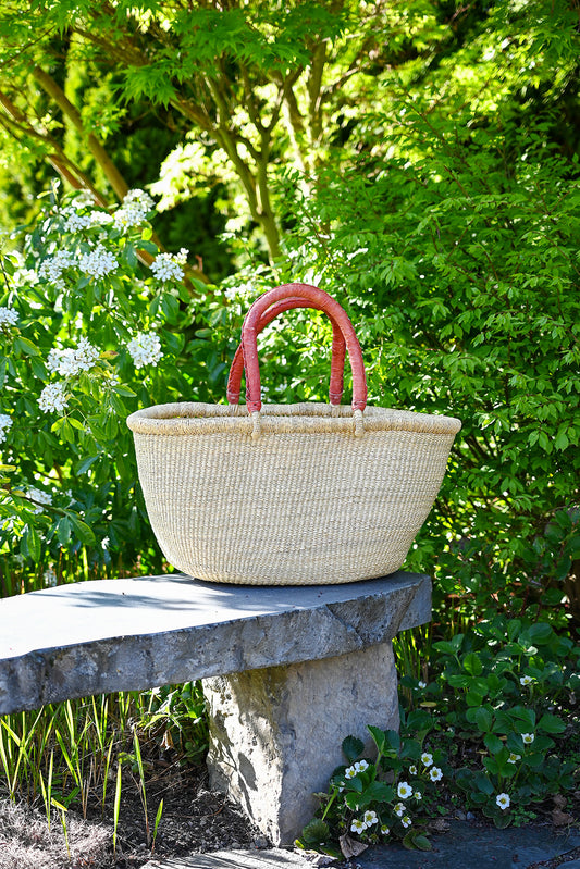 Natural Large Oval Picnic Basket with Leather Handle