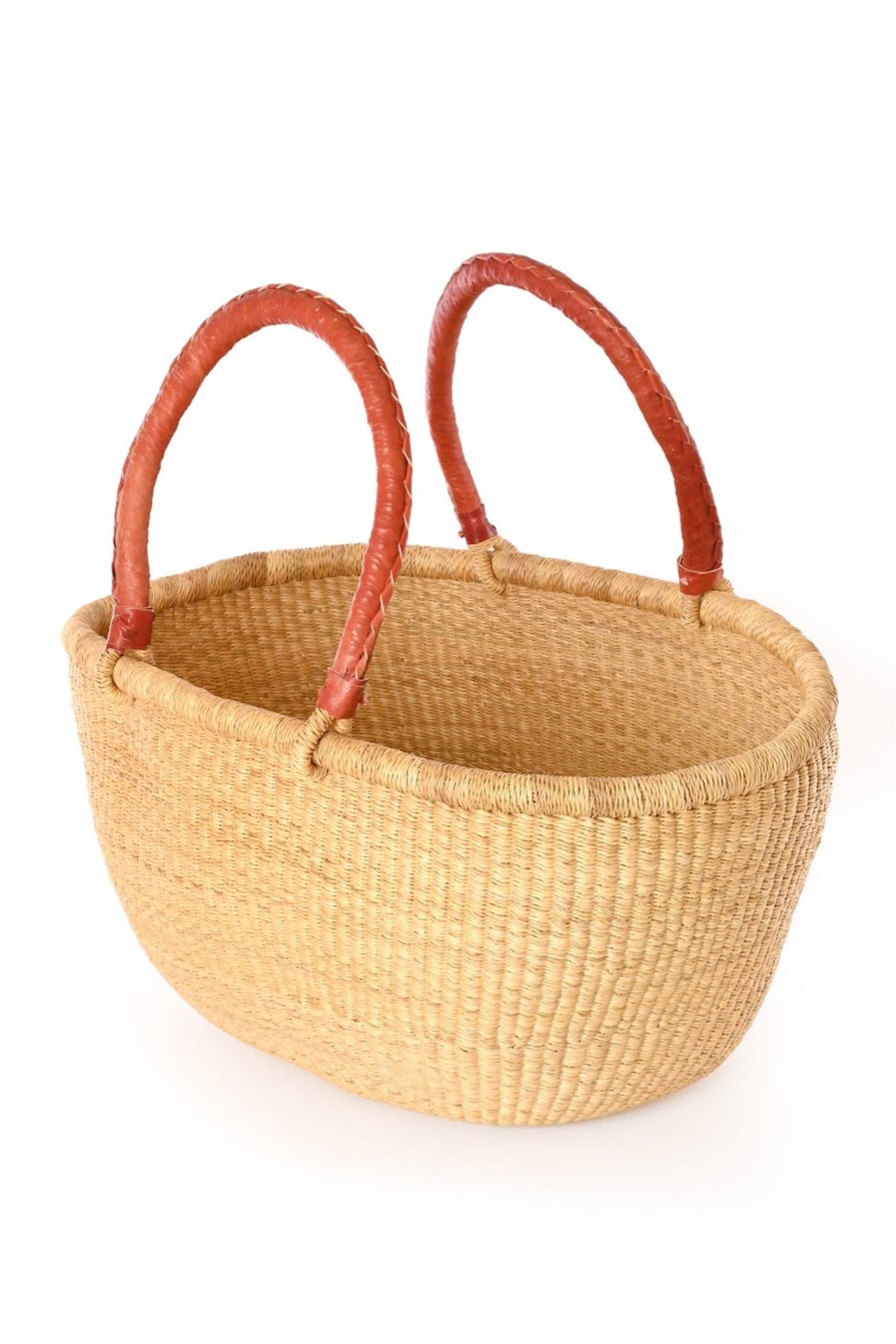 Natural Large Oval Picnic Basket with Leather Handle
