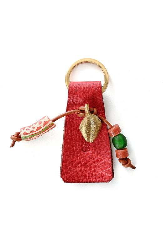 Brass Cowry Key Ring with Red Leather & Beads