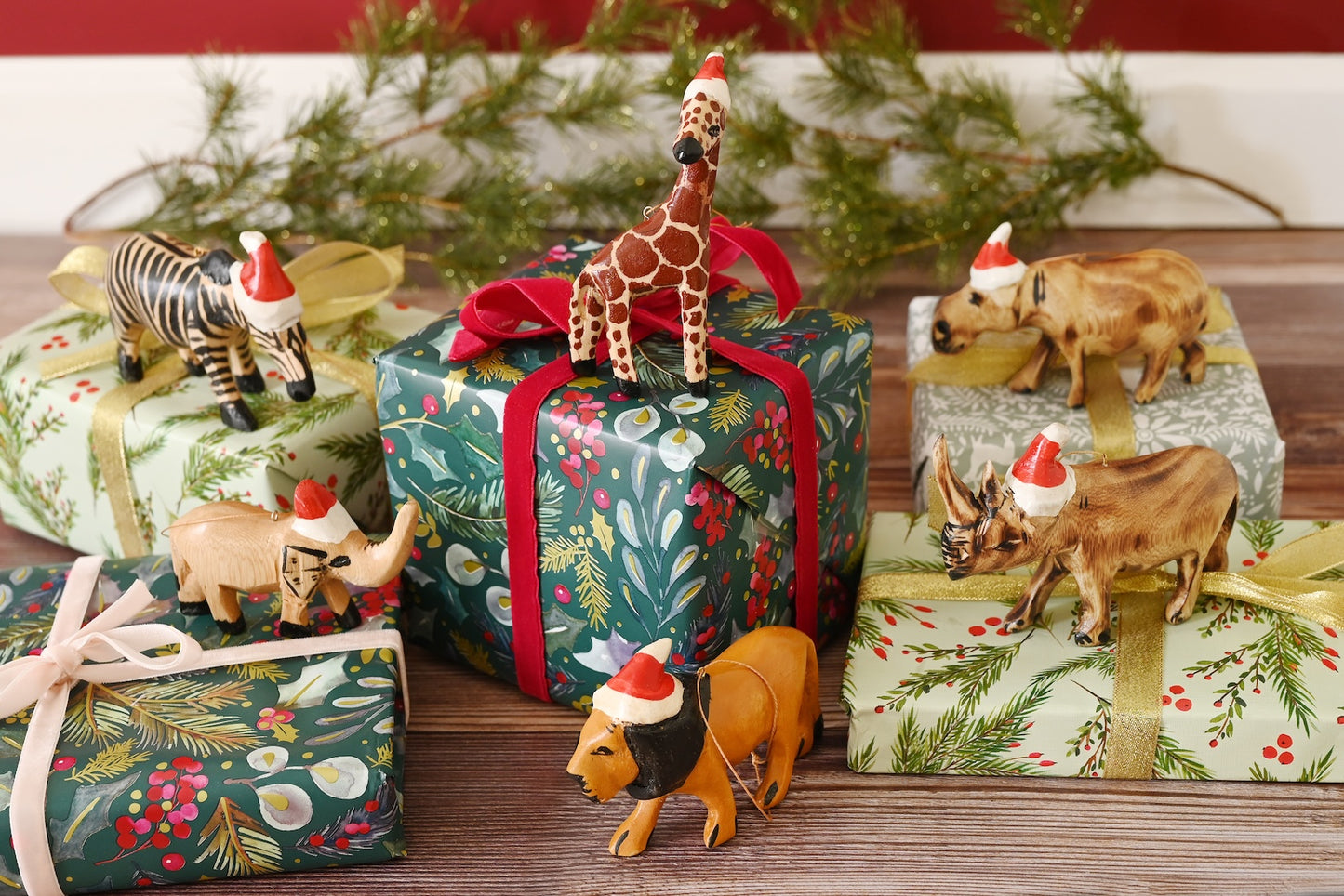 Set of 6 Santa's Little Helper Safari Animal Ornaments