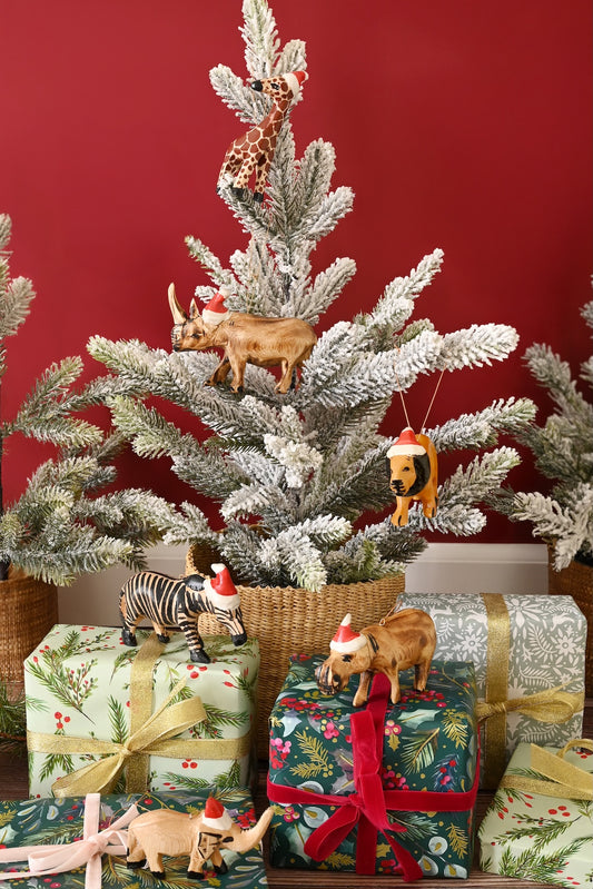 Set of 6 Santa's Little Helper Safari Animal Ornaments