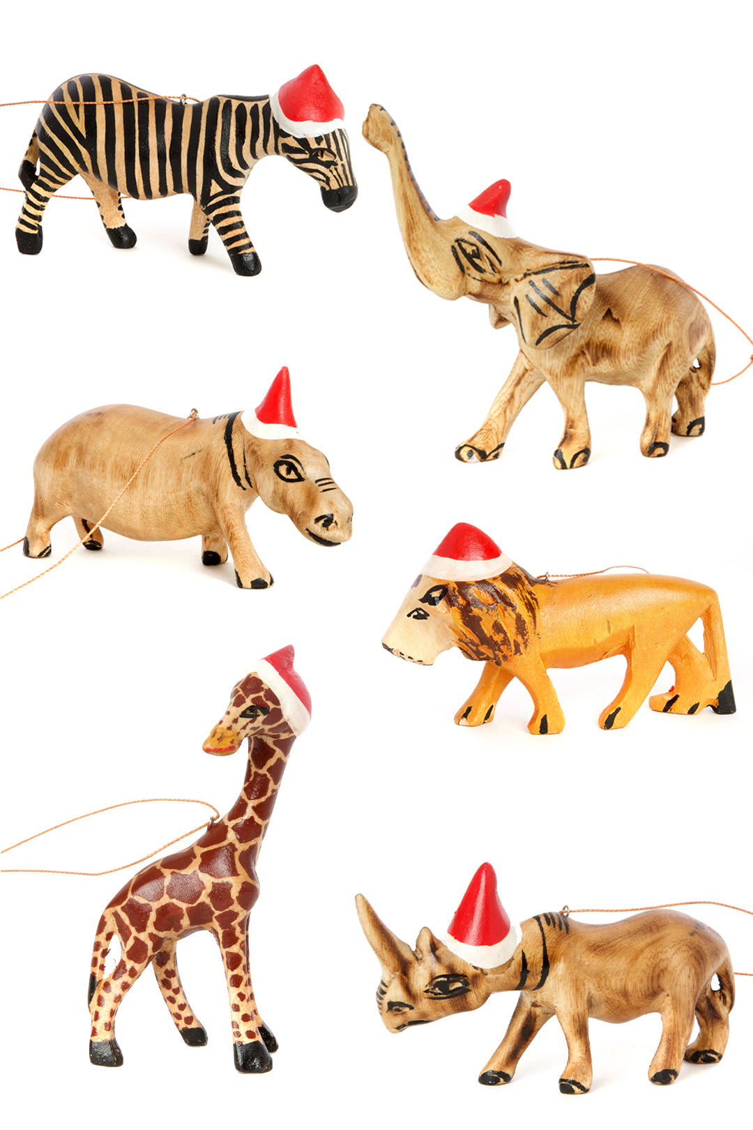 Set of 6 Santa's Little Helper Safari Animal Ornaments