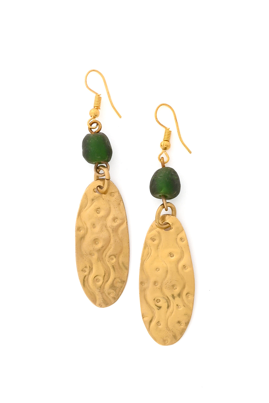 Small Brass Earrings with Green Glass Bead