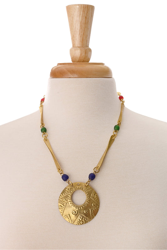 Brass Medallion Necklace with Multi-Color Glass Beads
