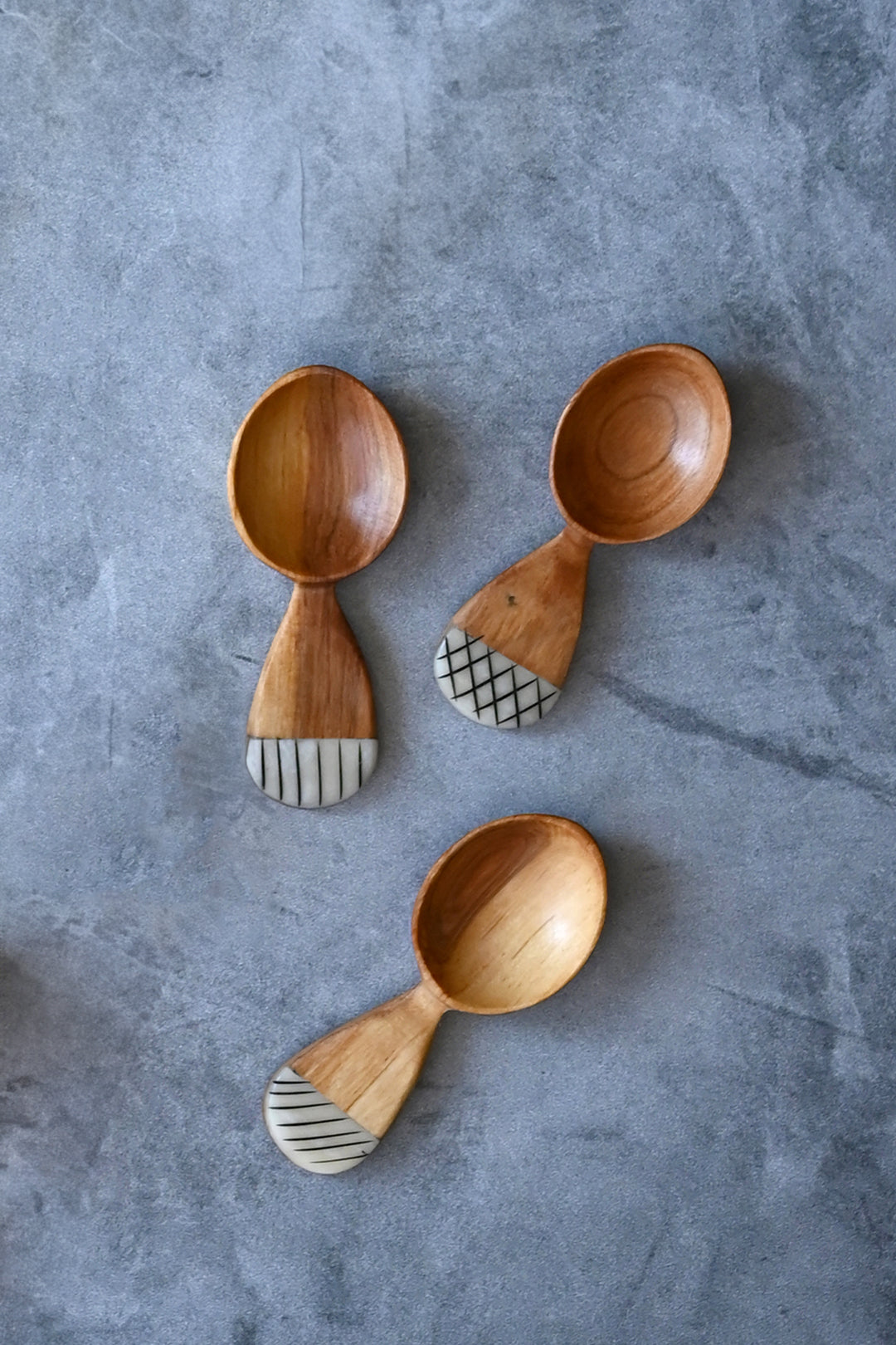 Olive Wood Fig Sugar Spoon with Etched Bone Handle